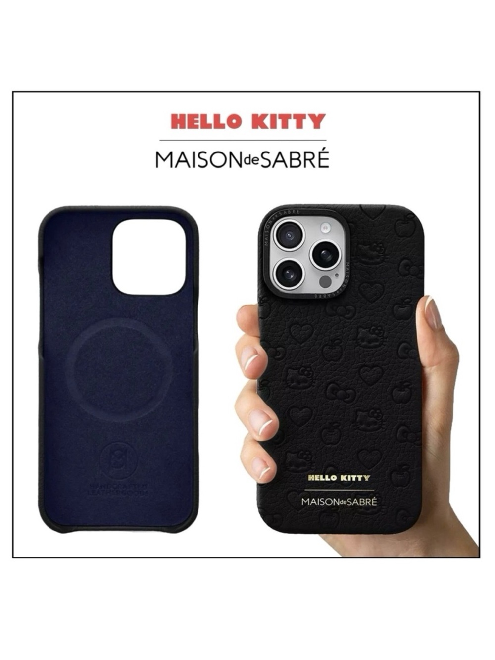 🆕 Maison de Sabré–Hello Kitty iPhone 16 Pro Case–Embossed Leather–Black Caviar